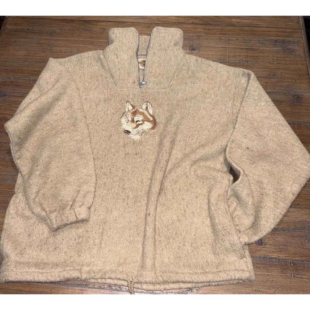 Earth Ragz Wolf Beige Fleece Quarter Zip Pullover Mens Size XL Drawstring Hem